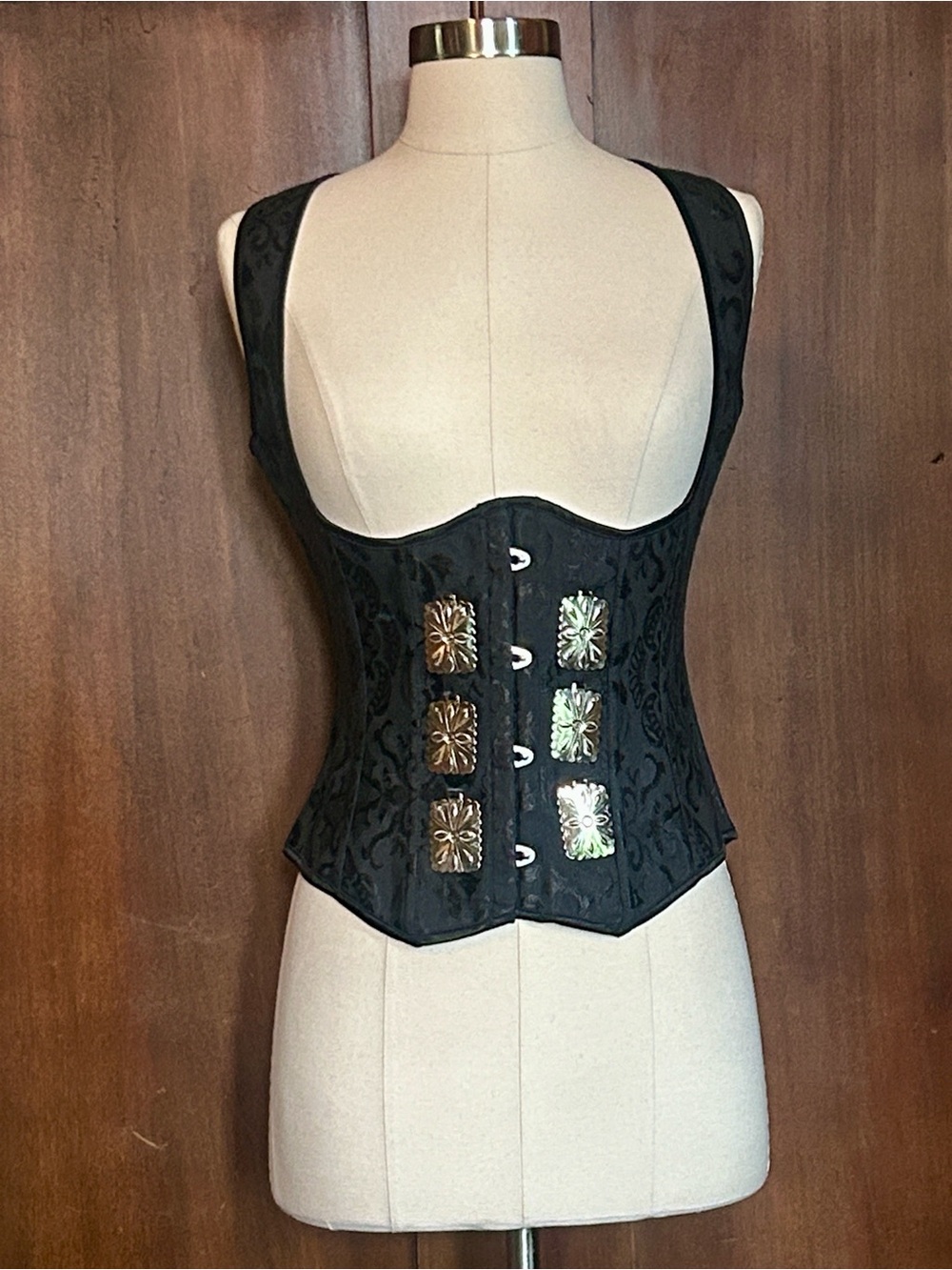 Black Brocade Concho Under-Bust Corset Vest L